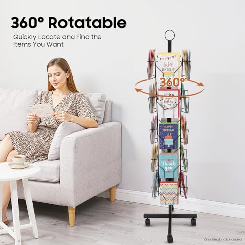 Rotating Greeting Card Rack, 20 Pocket 5 Tier Display Stand 360° Rotating Floor Stand Metal Postcard Holder Pocket Rotating Holder w/ 4 Wheels for Postcard Sticker Holiday Gift Card Retail (Black)