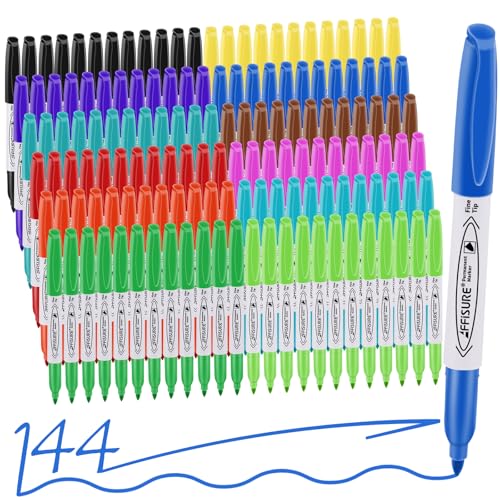 Affisure 12 Colors Permanent Markers， 144 Pack colored marker sets, Assorted Colors Marker，Fine Point， Permanent Markers Bulk, Fast Dry, Waterproof, work on Plastic, Glass, Metal, Wood and Stone