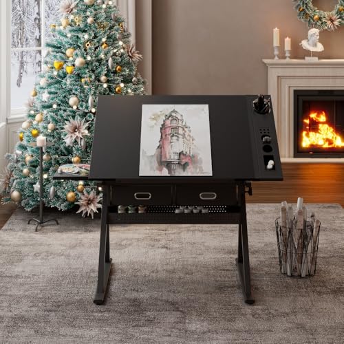 NestLude Adjustable Drafting Table with Stool, Tilting Art Desk with Storage Drawers for Home Office, Reading, Writing, Crafting. Perfect for Artists and Hobbyists.(Black)