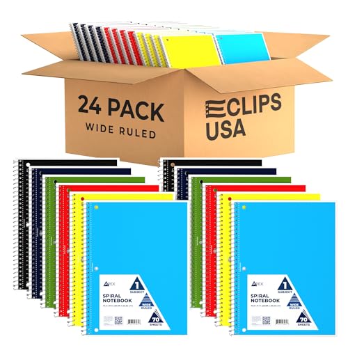 E-CLIPS USA Wide College Ruled Spiral Notebooks Bulk Spiral Bound Notebooks for Work 1 Subject Notebook 6 Color Assortment 3 Hole Perforated 70 Sheets 140 pages 10.5" x 8" (24 pack)