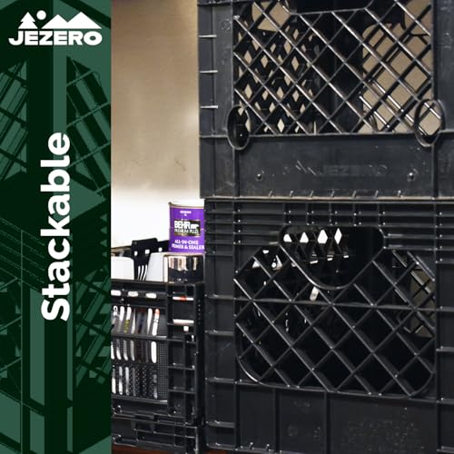 JEZERO 20 Quart 2-Pack Heavy Duty Plastic Crate | Stackable Multi-Purpose Storage Bin for Garage, Home, Office, Groceries, Outdoor, Camping & Kayaking | Black Utility Tote, 17" x 13" x 11"