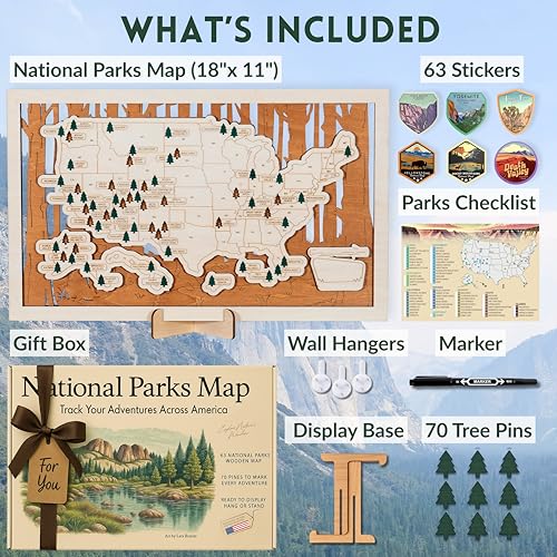 National Parks Map – USA Travel Tracker with Checklist, Pins & Stickers – Adventure Gift for Park Lovers, Couples & Families, Bucket List Wall Art Decor