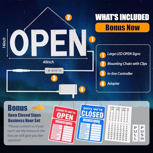 LED Open Signs for Business, 40"x14" Dimmable Large LED Open Light Up Sign with Hanging Installation for Salon Gym Cafes Store Office Bar Hotel Pubs (Cold White)