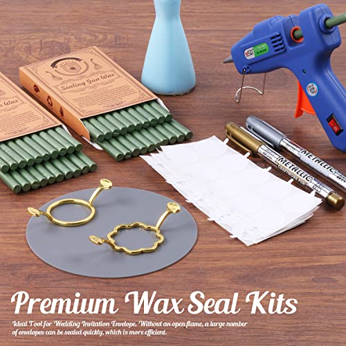 Wax Seal Kit, WASOHLING 40Pcs Pine Green Sealing Wax Sticks with Glue Gun, Wax Seal Molds, Silicone Waxing Mat, Marker Pens, Premium Kit for Wedding Invitations Envelopes Cards (Pine Green)