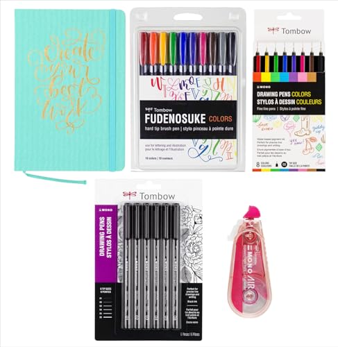 Tombow Fudenosuke Journal Writing Kit: 160 Page Dot Grid Linen Cover Journal, Fudenosuke Colors Brush Pen 10 Pack, Mono Drawing Pen Color 8 Pack, Mono Drawing Pen Black 6 Pack (Progressive Tip Sizes), Mono Air Correction Tape