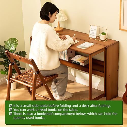 TERRUPEX Bamboo Folding Desk with Hidden Storage, Foldable Computer Desk for Small Spaces, Mid Century Modern Writing Table, Space-Saving Bamboo Desk for Home Office Bedroom (Walnut + 2)