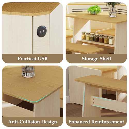 KYLE & KAY Breakfast Nook, Kitchen Nook Corner Table Set with USB, Bench and Storage Shelf, Dining Room Table and Chairs for 4-6, Solid Wood (White and Natural)