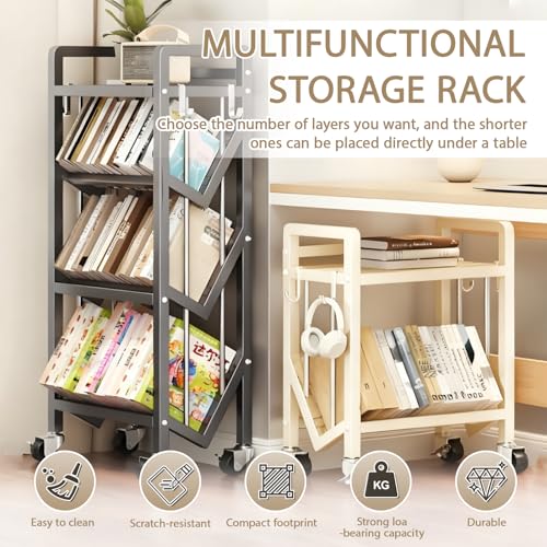 Multi-Layer Rolling Book Cart, Movable Bookshelf, L-Shaped Carbon Steel Mobile Book Carts with Wheels for Library, Office, Living Room, Bedroom, Classroom