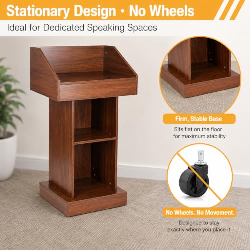 BGEDL Wood Podium, Floor Standing Podium Speaking Lectern Stand, Portable Podium Stand with Storage, Wooden Podium Pulpit for Churches Classroom Office