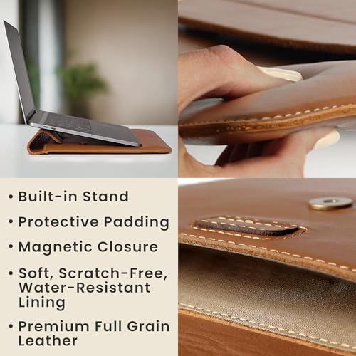 DAREhue Genuine Leather Laptop Sleeve 13-14 Inch, Padded Full Grain Leather Case with Built-in Stand - Toffee Tan Brown, Compatible with MacBook Air, MacBook Pro, Dell, HP, Lenovo
