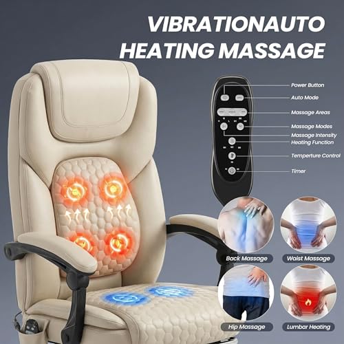 MALOL Massage Office Chair with Heat and Footrest, 300 lbs Easy Assembly Leather Desk Chair -3-Level 65°C Targeted Heating, Big and Tall Executive Computer Chair with Side Pocket, Beige