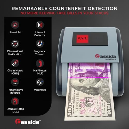 Cassida InstaCheck Small Footprint, Easy to Read Automatic Counterfeit Detector with Infrared, Magnetic and Ultraviolet Sensors, Compact and Lightweight Grey 11-3/4" x 9-1/2 (Pass/Fail)