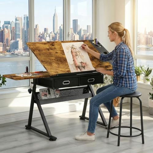 VENLUSUIR Drafting Table with Storage & Stool: Adjustable Tilting Art Desk, 2 Drawers, Height Adjustable Craft Table for Drawing, Painting, Home Office (Rustic Brown)