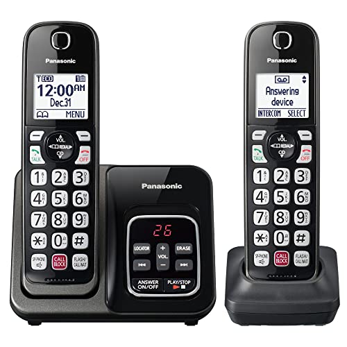 Panasonic Cordless Phone with Answering Machine, Advanced Call Block, Bilingual Caller ID and High-Contrast Display, Expandable System with 2 Handset Cordless Telephones - KX-TGD832M (Metallic Black)