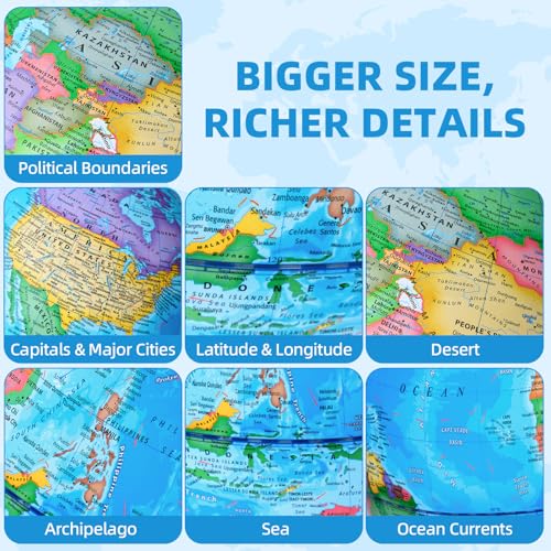 BSHAPPLUS 13inch World Globe with Metal Stand, HD Map for Learning & Decor