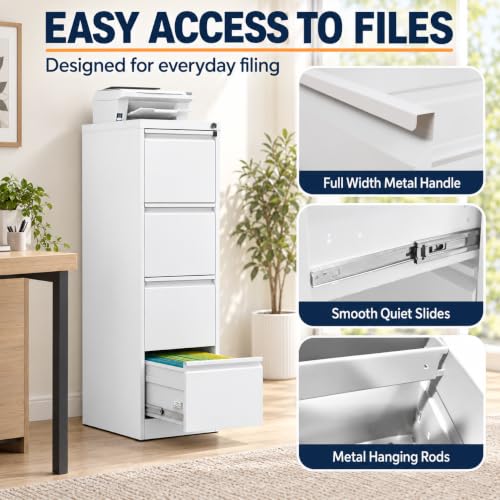 4 Drawer Vertical Filing Cabinet with Lock for Home Office, White