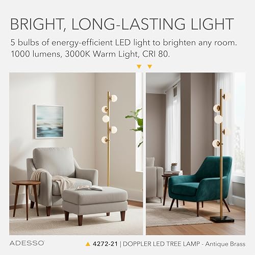 Adesso Antique Brass LED Floor Lamp with White Opal Shades - Modern Multi-Light Tree Lamp for Bedroom, Living Room, or Home Office, 3W Bulbs Included, 65” Tall