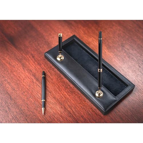 Dacasso Classic Black Leather Double Pen Stand w/Gold Accents - Luxury Executive Decor and Office Desk Surface Protector