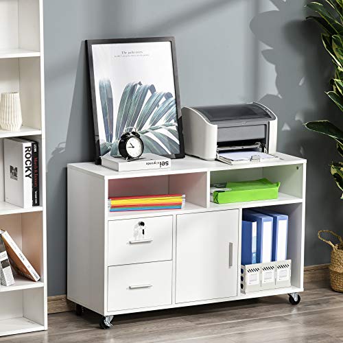BYLUXA Printer Stand with Storage and Drawer, Mobile Office Cabinet Organizer Desktop on Wheels with 2 Locking Brakes, Rolling File Cart for Home Office Kitchen Living Room
