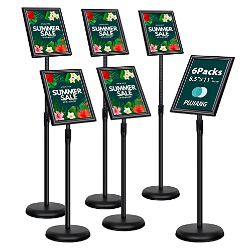 PUJIANG 6Packs Sign Holder Stand 8.5 x 11 - Adjustable Heavy Duty Poster Sign Stands for Display 8.5 x 11 - Floor Standing Sign Holder for Vertical and Horizontal Sign Displayed(Black)