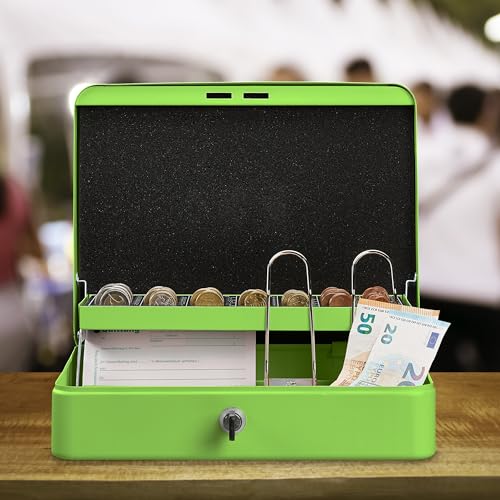 Relaxdays Lockable, Coin Count Board & 4 Money Tray, Safe, H x W x D: 8.5 x 30.5 x 24.5 cm, Green