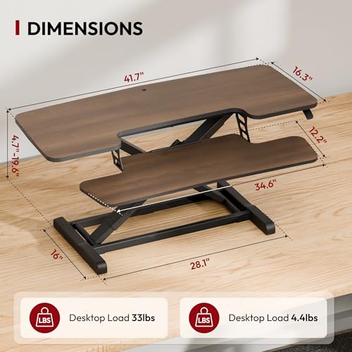SANODESK 42" Standing Desk Converter, Large Sit-Stand Riser for Dual Monitors & Laptop, Stable Multi-Device Workstation with Keyboard Tray, Home Office Desktop Converter, Walnut