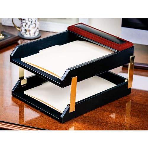 Dacasso Mahogany/Rosewood & Black Leather Double Letter Tray Set w/Gold Stacking Posts - Luxury Executive Decor and Office Essential - Desk Surface Protector