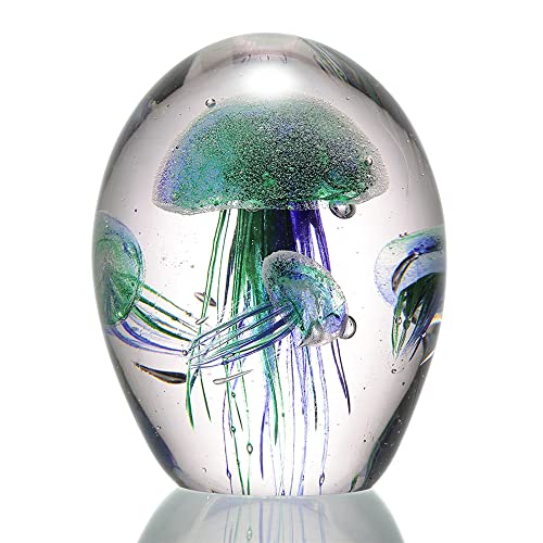 SPI Home Art Glass Green and Blue Jellyfish Quartet Paperweight 6.5 Inches High