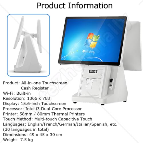 QuinteZhenTially 15.6-Inch Multi-Touch Main Display,Dual Screen All-in-One Pos Cashier Register,8gb Ram,256gb Ssd,Cash Registers for Commercial & Retail,Restaurants,Cafes,Other Venues 58mmprinter