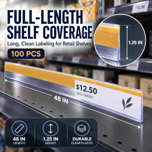 100 Pcs Shelf Label Strips, 48" x 1.25" Self Adhesive Label Holder