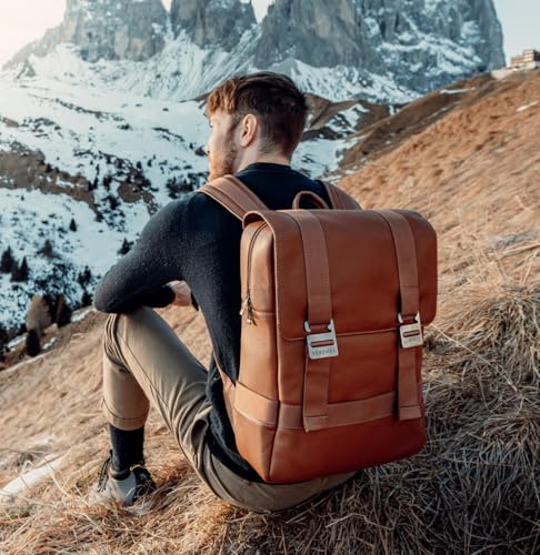 Nordweg Dolomites Leather Travel Backpack, 21 L, Luggage Sleeve, Brown