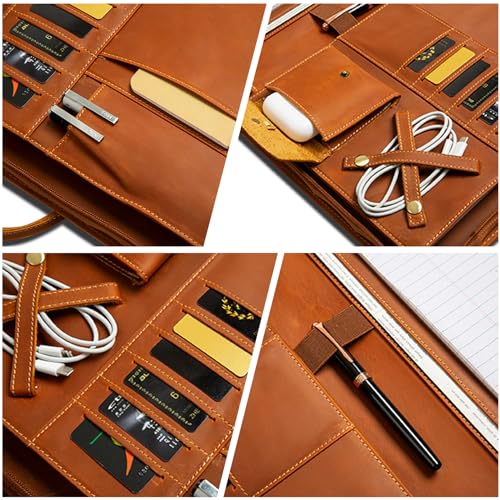 GZRHKJ Genuine Leather Portfolio, Padfolio Organizer with Handle, Personalized Padfolio，Padfolio with Zipper for Men Women，Suitable for 15-inch Laptop Legal Pad Padfolio, Brown