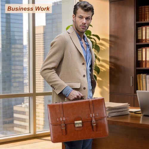 Banuce Leather Briefcase for Men Fits 15.6 inch Laptop Lawyer Briefcase