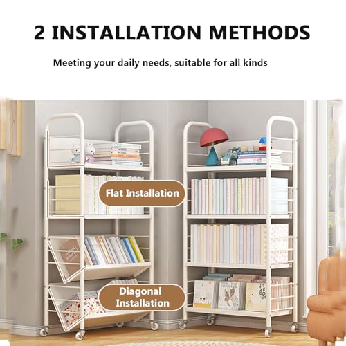Buhelyc Library Cart Rolling Book Cart Book Storage Office Paper Storage Organizer Movable Book Rack with 4 Wheels for Office,Kitchen,Living Room,Bedroom(Size:2 Layers)
