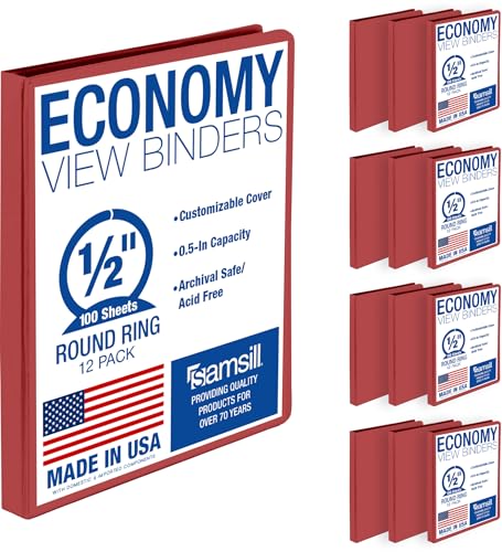 Samsill 0.5 Inch 3 Ring Binders, Economy Round Ring, Clear View Cover, 100 Sheet Capacity - for School, Home, Office - Red, 12 Pack