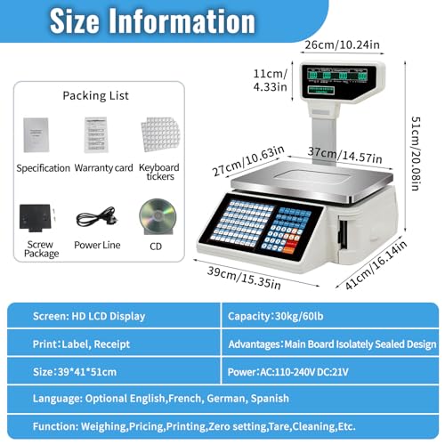 Ofyphth Digital Price Label Printing Scale, 30kg/66lbs Double Sided LCD Display, Computing Scale Thermal Printer Electronics Barcode Scale Cash Register, for Retail Store, Supermarket. PackageB