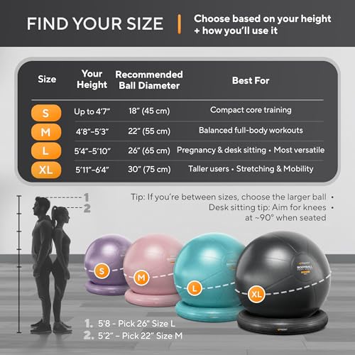 MANTRA SPORTS Yoga Ball Chair - Stability Ball and Exercise with Base for Office Desk Sitting, Active Chair for Posture & Core Support, Seat for Home Gym, Abs, Stretching, Therapy, Fast Pump Included