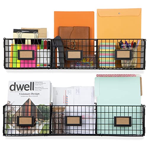 Wall35 Amalfi Hanging File Folders Office Desk Organizer Wall Mount Wire Basket Storage Magazine Holder 3 Sectional Set of 2 Black
