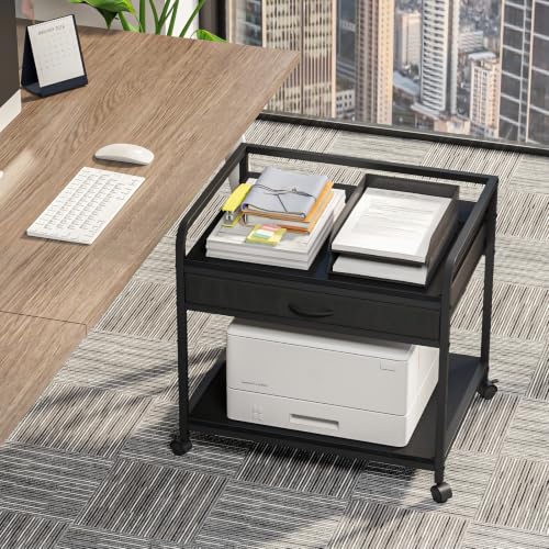 Riodalare Under Desk Printer Stand with Wheels - 25"x19" Large Printer Cart with Storage Drawer, 2-Tier Height Adjustable Printer Desk Cart, Heavy Duty Printers Riser for Home Office (Black)