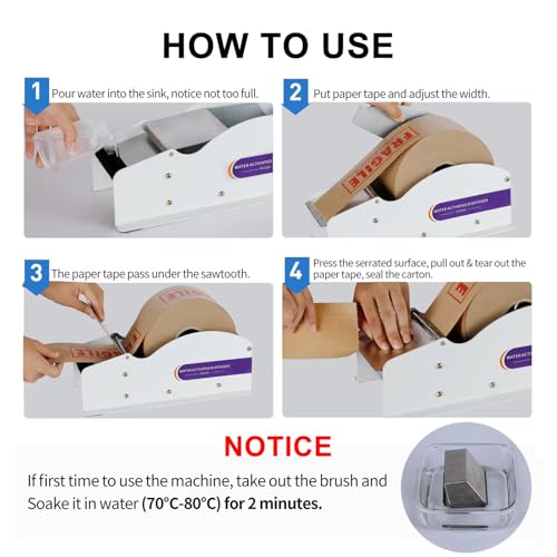 VNATWGOO Water Activated Packing Tape Dispenser, Kraft Paper Packaging Tape Cutter, Manual Stainless Steel Tape Dispenser