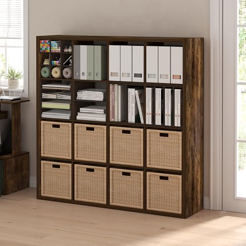 Furinno Cubicle 16-Cube Book Shelf, Extra Thick Frame Bookshelf, Amber Pine
