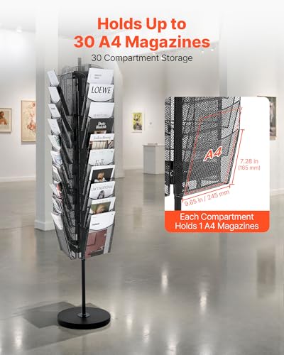 VEVOR Rotating Brochure Display Rack, 30 Pockets Mesh Magazine Literature Display Stand, Portable Floor Standing Magazine Rack, Metal Newspaper Catalog Holders for Shop Exhibitions Office Trade Show