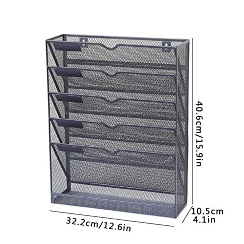 GRFIT File Holder Mesh Hanging Wall File Organizer Holder, 5-Tier Wall Mount Vertical File Rack with Bottom Flat Tray for Home Office School File Organizer Rack