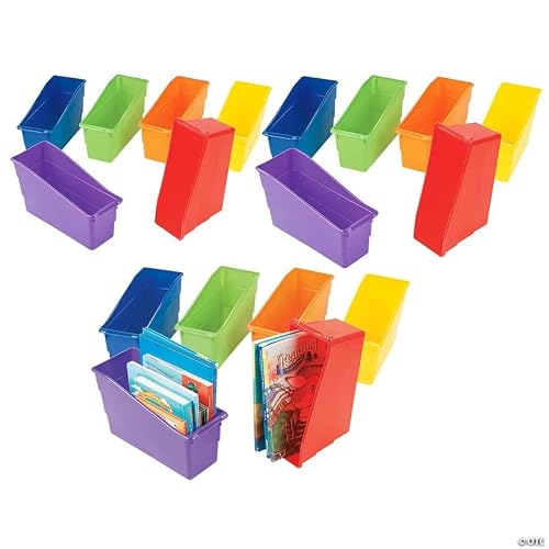 Fun Express 3 1/2" x 10 1/2" Bulk 18 Pieces Colorful Classroom Storage Plastic Book Bins