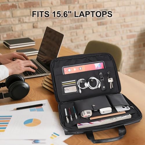 Masa Kawa Black Leather Slim 15.6" Laptop Briefcase Bag for Men Office Work