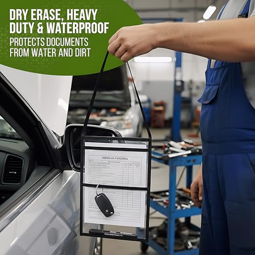 20 Pack Job Ticket Holders 9x12 with Strap - Permit Holder for Documents - Hanging Shop Ticket Holders - Work Order Plastic Sleeves - Dry Erase Pockets Sleeves Mechanic & Automotive Work Order Sleeve