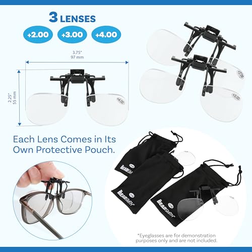 The Beadsmith Clip-On Magnifying Glasses – 3-Pack Flip-Up Lenses (+2.00, +3.00, +4.00 Strengths), 3.75” Wide