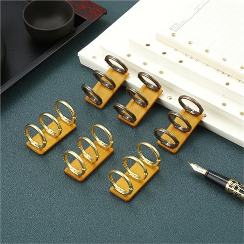 Ring Clips 16pcs Metal 3 Rings Binder Clips with Bamboo Plates Loose Leaf Notebook Book for Album Diary Data(Golden)