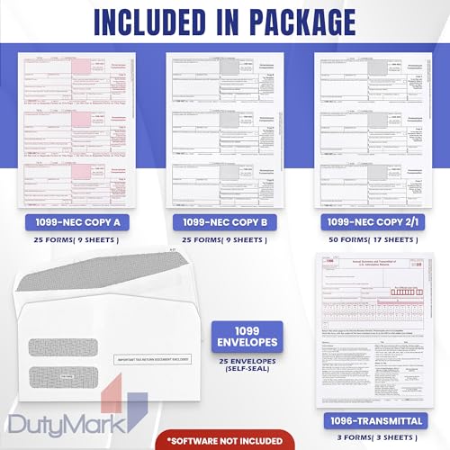 Dutymark 1099 NEC Forms 2025 for 15 Recipients 4 Part Laser Tax Forms Kit, 3 1096 Forms, 15 Security Self Seal Envelopes, Compatible with QuickBooks and Accounting Software, 2025 1099 NEC (25)