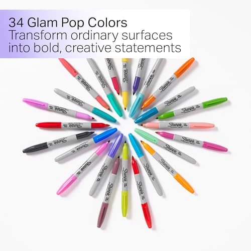 Sharpie Glam Pop Permanent Markers, Fine Tip, Assorted Colors, 34 Count - Arts & Crafts, Coloring, Drawing, Writing